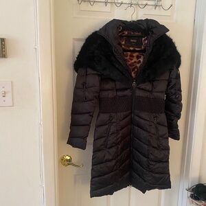 Landry Shelli Segal - Faux Fur Shiny Black Winter Puff Coat w/ Cynch Waist